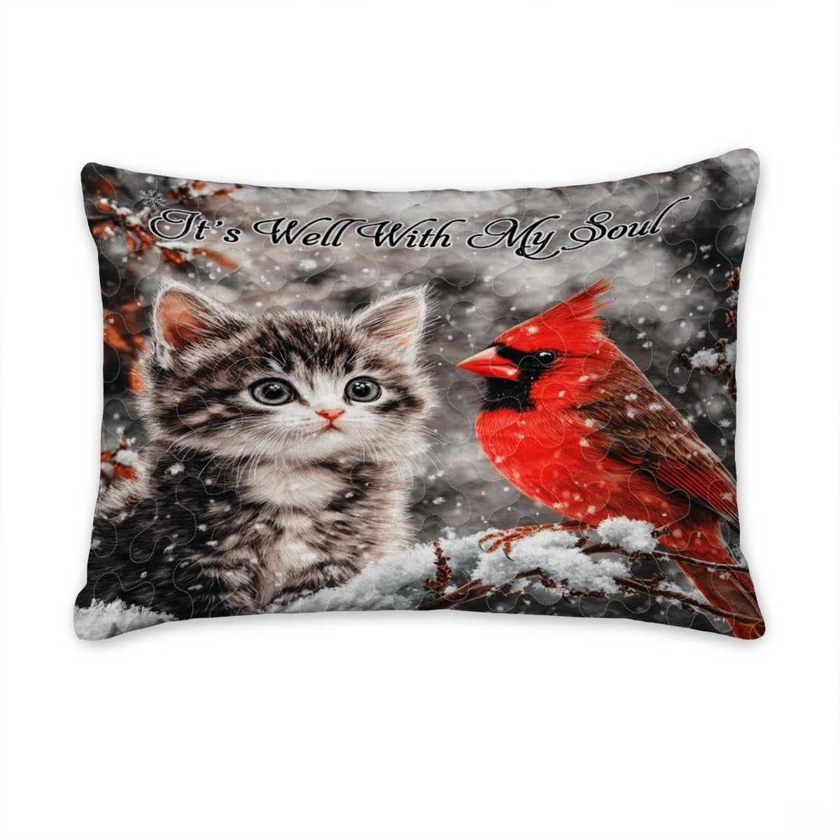Winter Cat and Cardinal Sitting on Snowy Patchwork Christmas Quilt