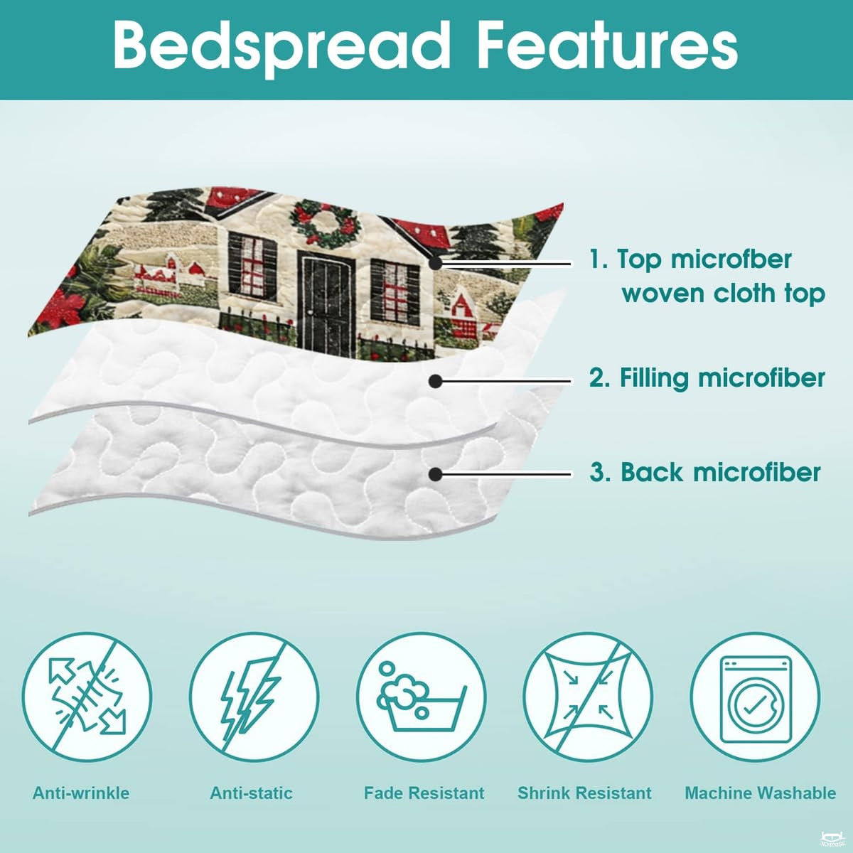 Detail of red bows, falling snowflakes, and illustrated winter scenery on dark charcoal holiday bedding.