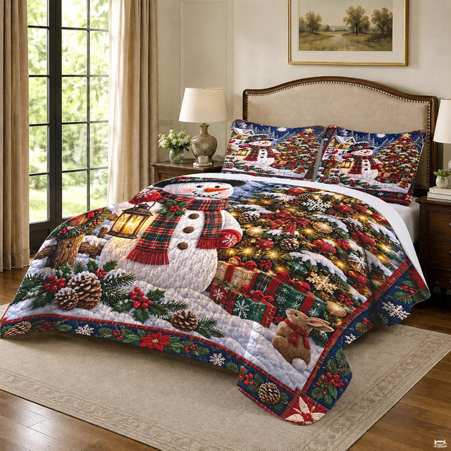 Festive Christmas snowman bedding detail showing red cardinal, pinecones, and wrapped holiday presents.