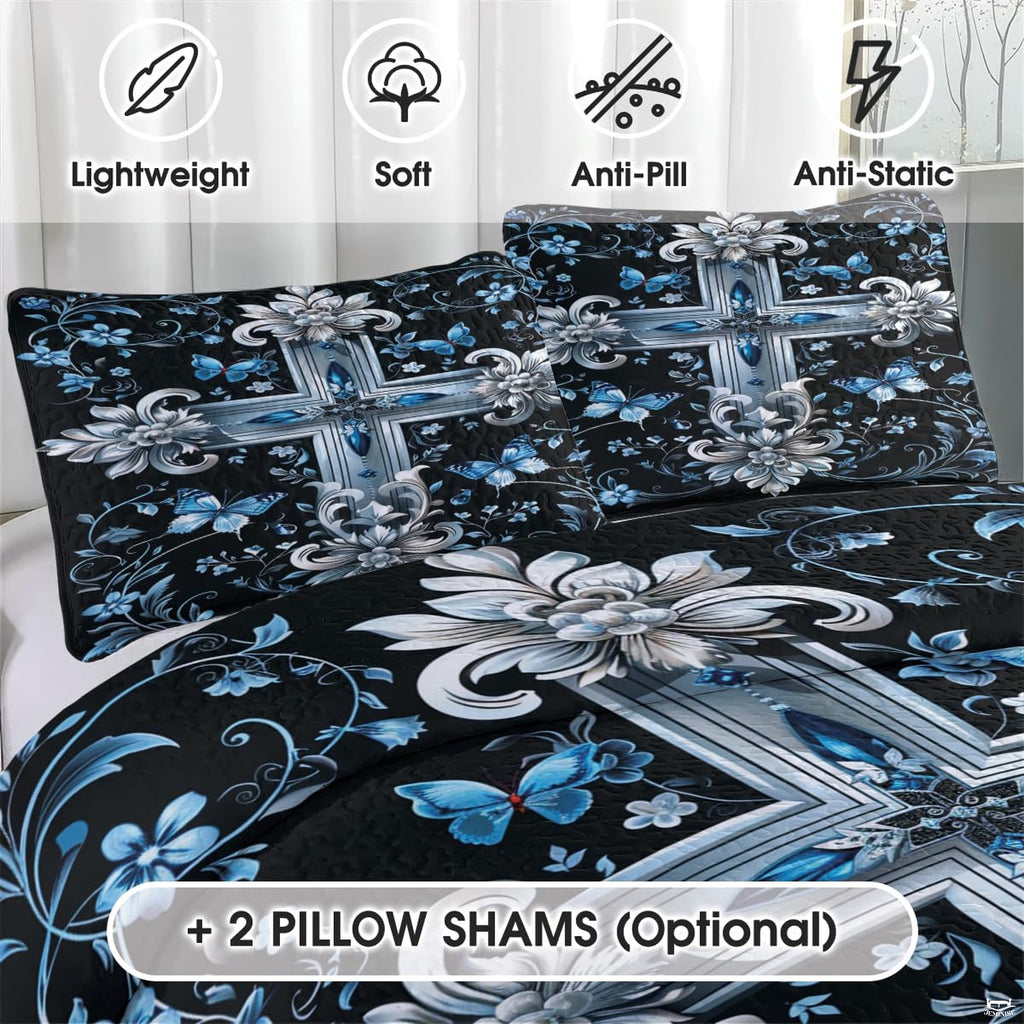 Bedroom arrangement displaying the luminous blue floral cross artwork with matching ornamental pillow shams.
