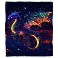 Front full perspective of celestial dragon throw blanket showing glitter dragon and glowing rainbow wings