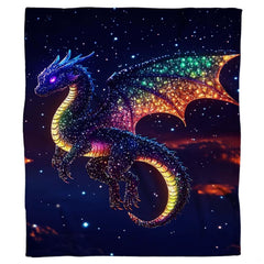 Front full perspective of celestial dragon throw blanket showing glitter dragon and glowing rainbow wings