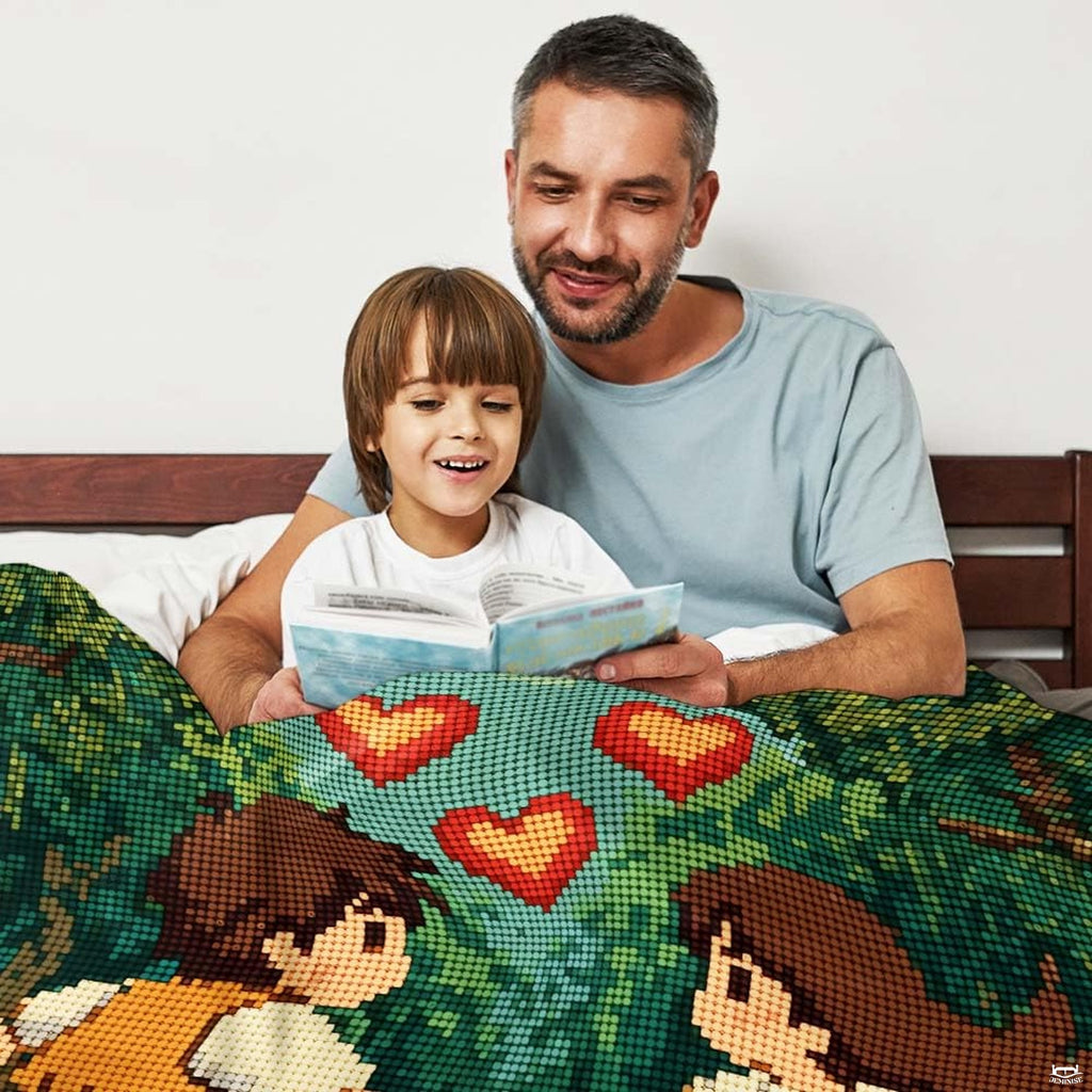 Full display of pixel art romantic forest throw blanket laid flat on light wooden floor