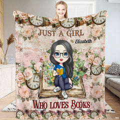 Vintage bookish bedding set showing an illustrated reader on an antique volume with blooming tea roses.