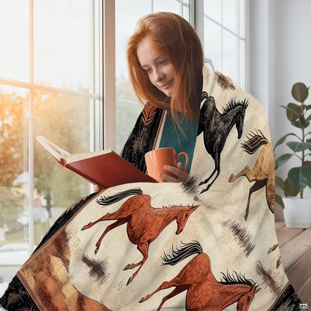Chestnut and black horses illustration on rustic beige background in a bedroom setting.