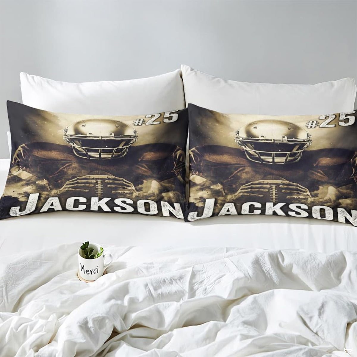Matching pillowcase detail for athletic bedding set showcasing footballer artwork and jersey numbering