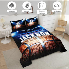 Close-up view of basketball bedding showcasing royal blue court paint and crisp white boundary lines