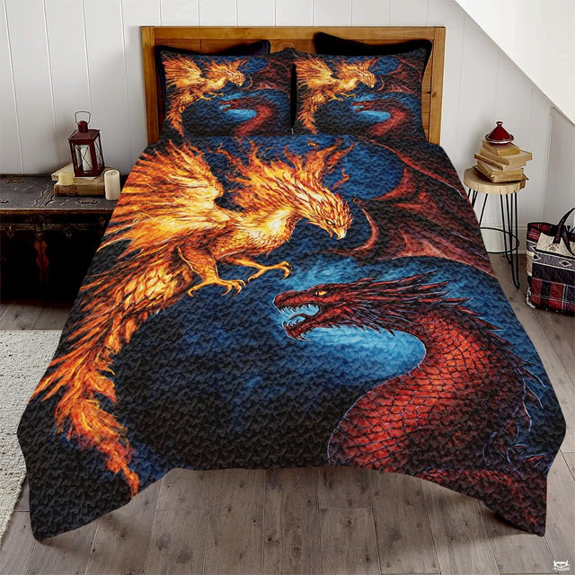 Fiery golden phoenix facing a red dragon on deep blue background