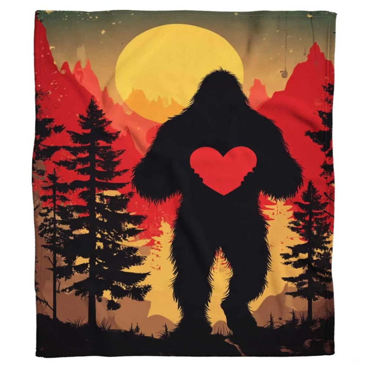 Bigfoot holding heart throw blanket view 2 highlighting Sasquatch silhouette, scarlet heart, and sunset sky