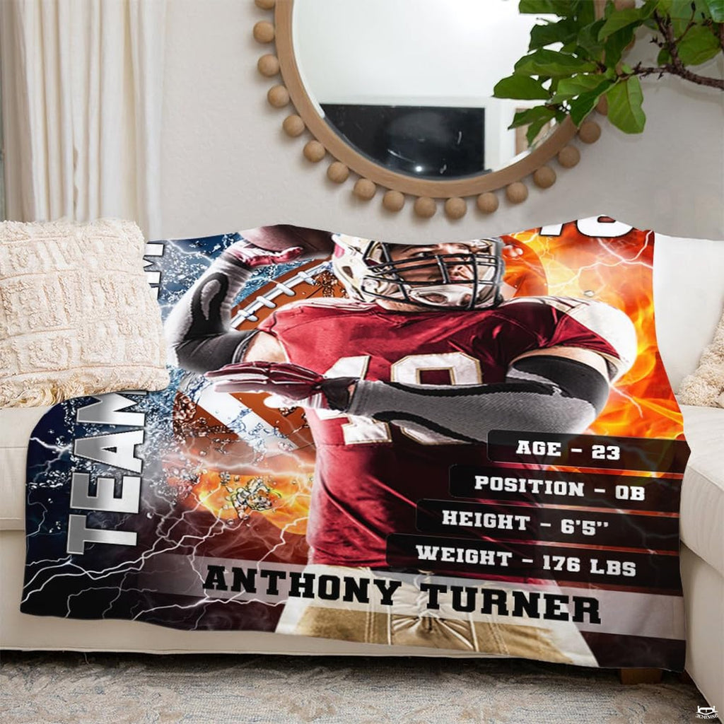 Quarterback passing throw blanket view 3 highlighting athletic passer, split fire and ice waves, and sports graphics