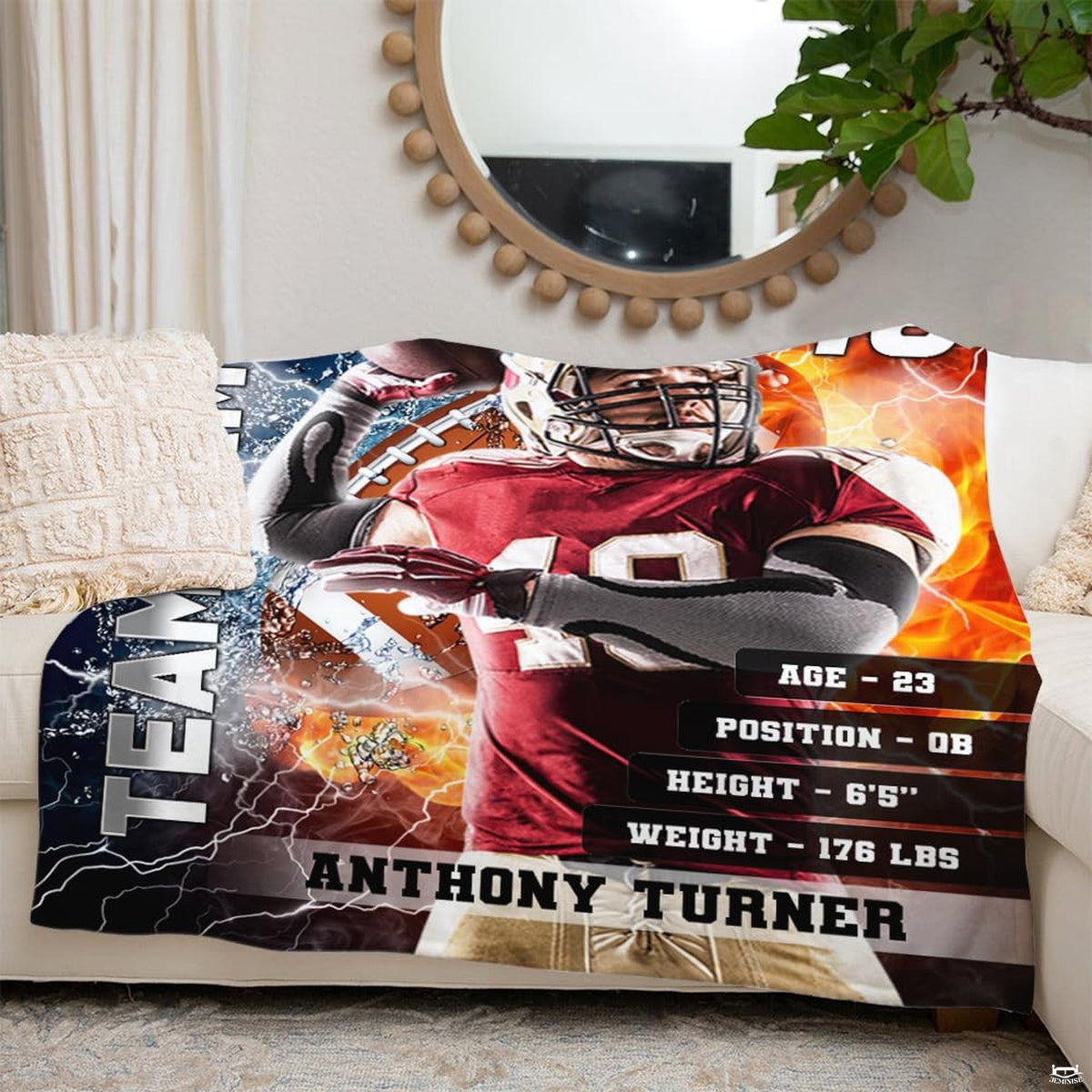 Quarterback passing throw blanket view 3 highlighting athletic passer, split fire and ice waves, and sports graphics