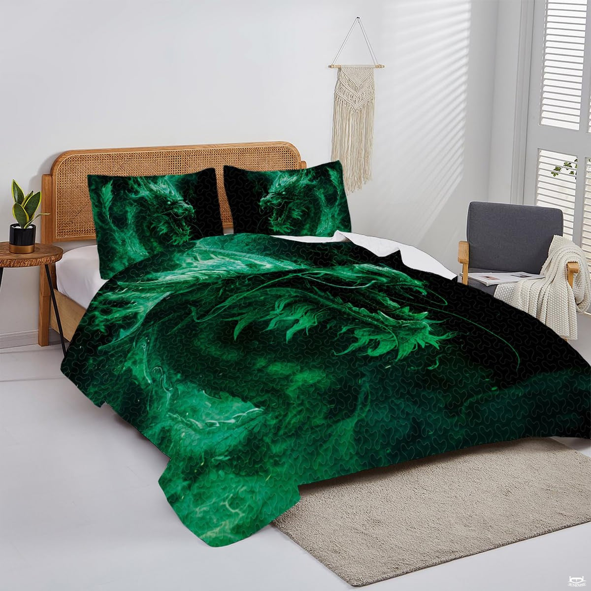 Emerald dragon artwork displayed in a bright bedroom