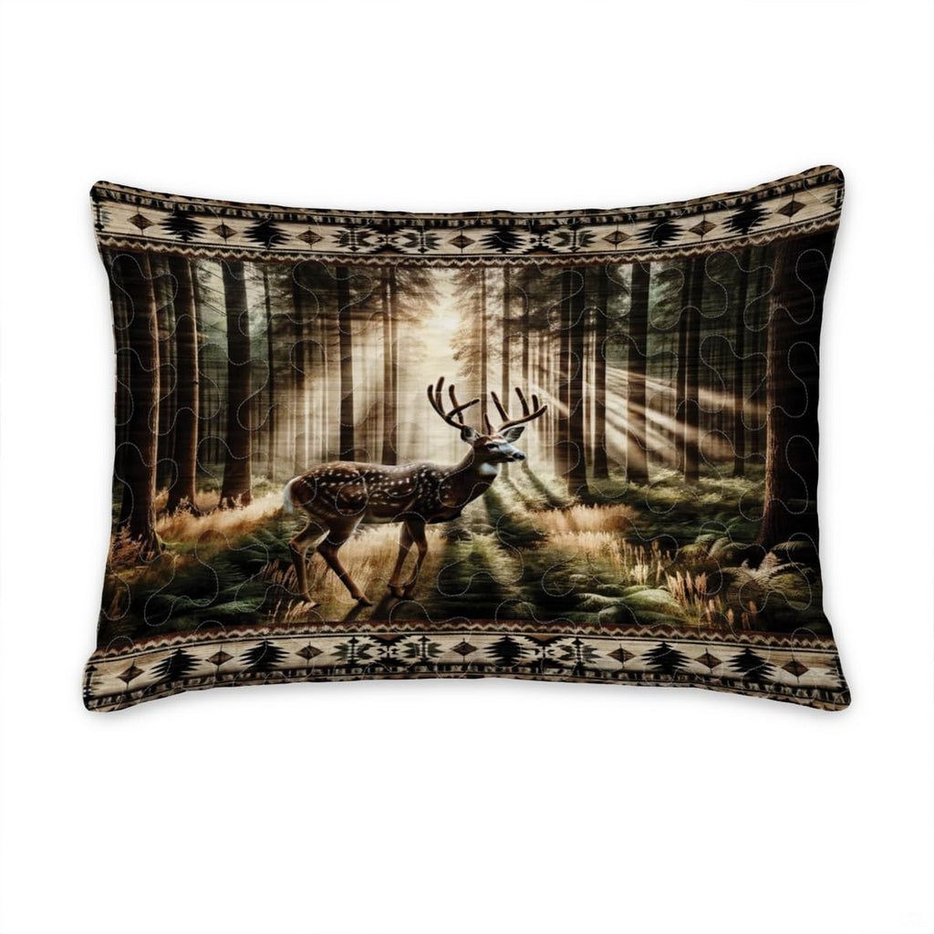 Scenic wildlife and pine forest artwork in rich earth tones featured on this decorative forest fauna bedding set.
