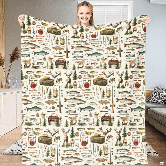 Hunting themed nursery bedding detail showing leaping freshwater bass and catfish artwork.
