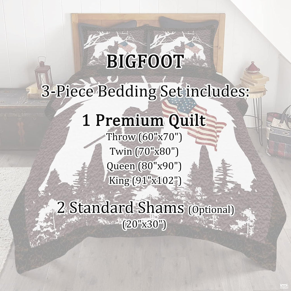 Full bedroom display of patriotic Sasquatch bedding styled with rustic cabin and woodland home decor