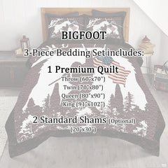Full bedroom display of patriotic Sasquatch bedding styled with rustic cabin and woodland home decor