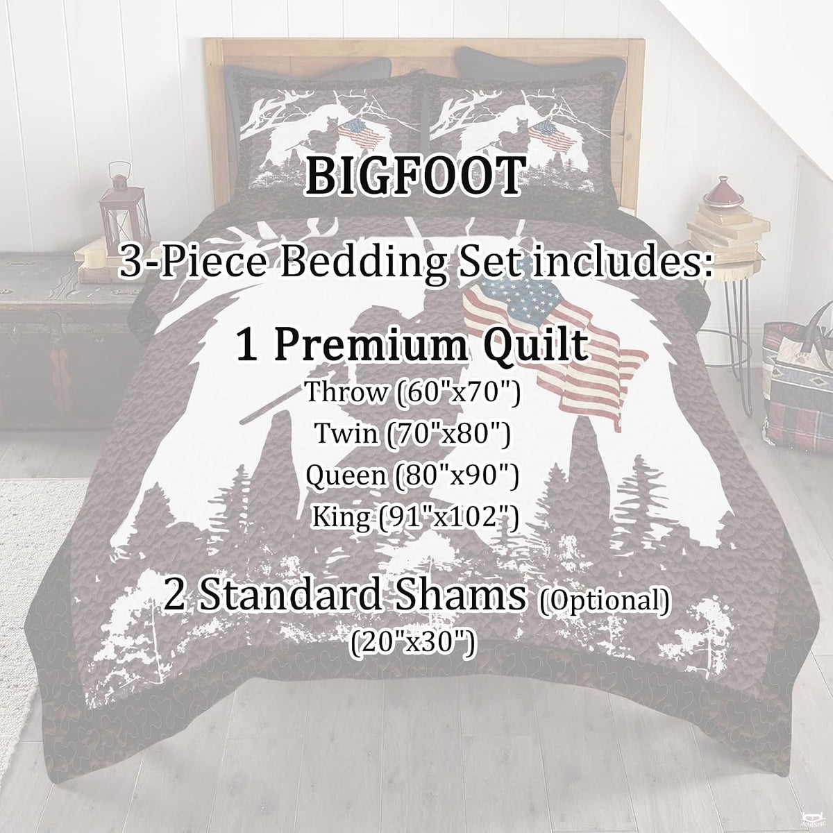 Full bedroom display of patriotic Sasquatch bedding styled with rustic cabin and woodland home decor