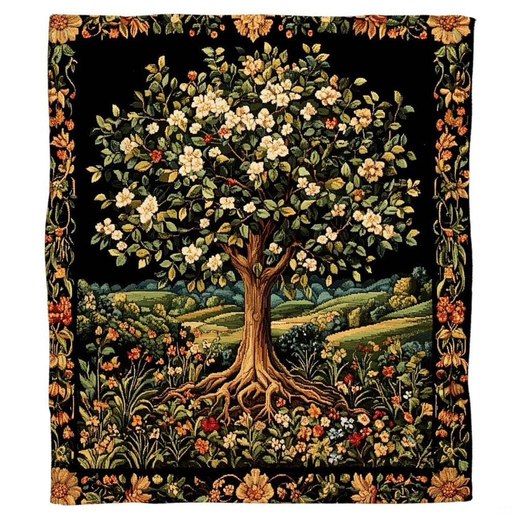 Close-up perspective of blooming white blossoms and intricate tree branch canopy on Blanket.