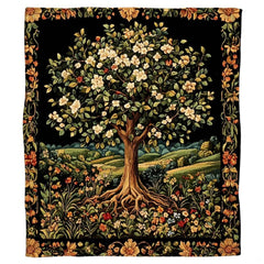 Close-up perspective of blooming white blossoms and intricate tree branch canopy on Blanket.