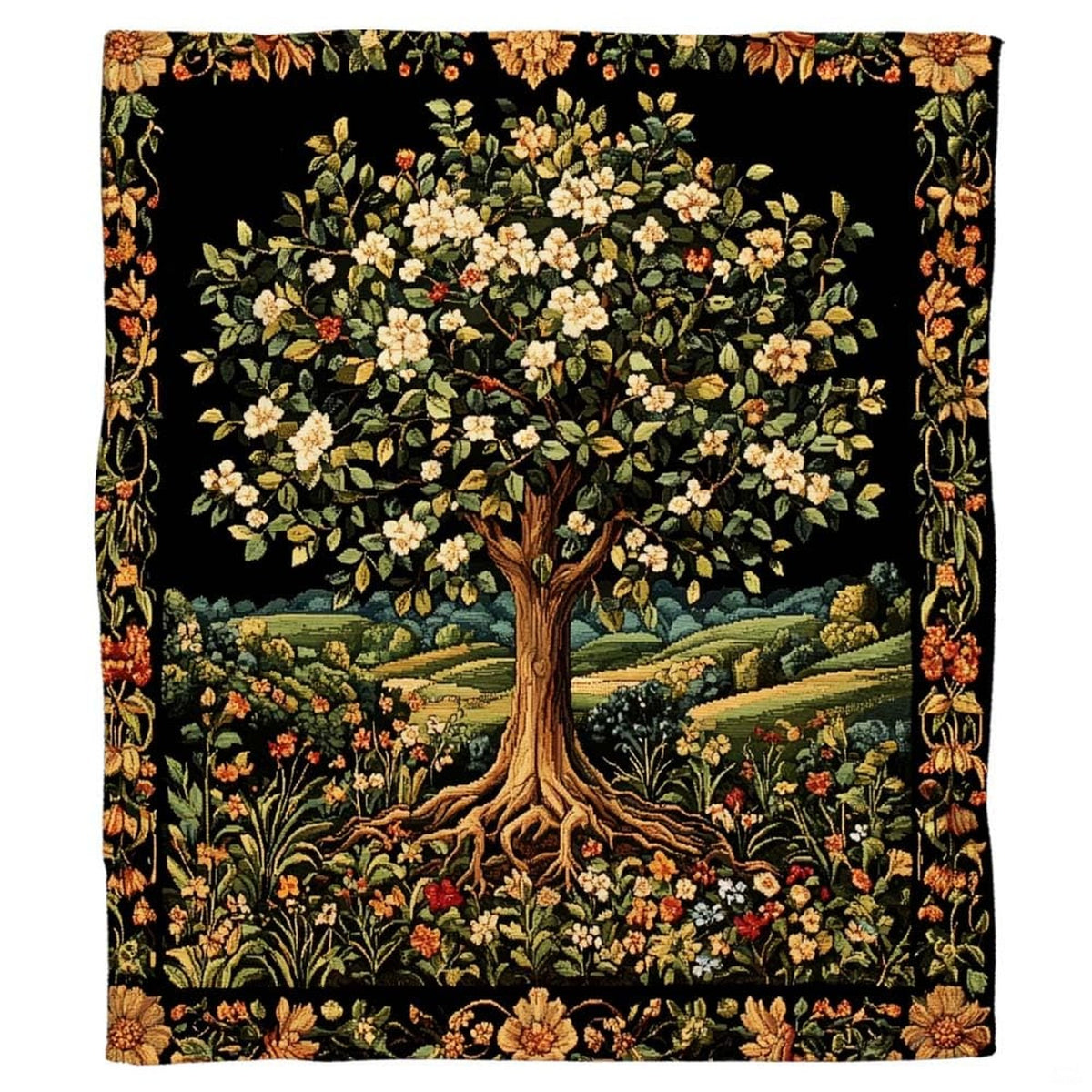 Close-up perspective of blooming white blossoms and intricate tree branch canopy on Blanket.
