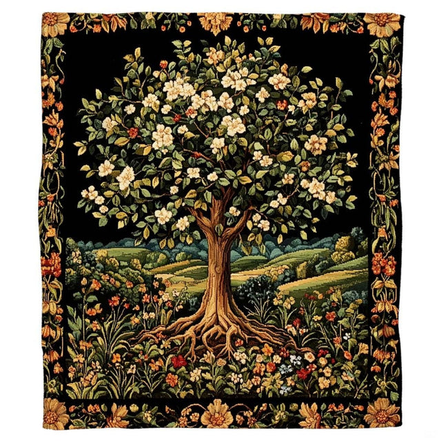 Close-up perspective of blooming white blossoms and intricate tree branch canopy on Blanket.