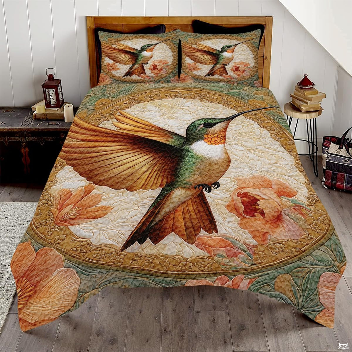 Vintage hummingbird bedding displayed in a bright bedroom