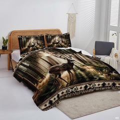 Overhead visual showcasing the stag illustration, radiant sunbeams, and Aztec pattern borders of this bedding set.