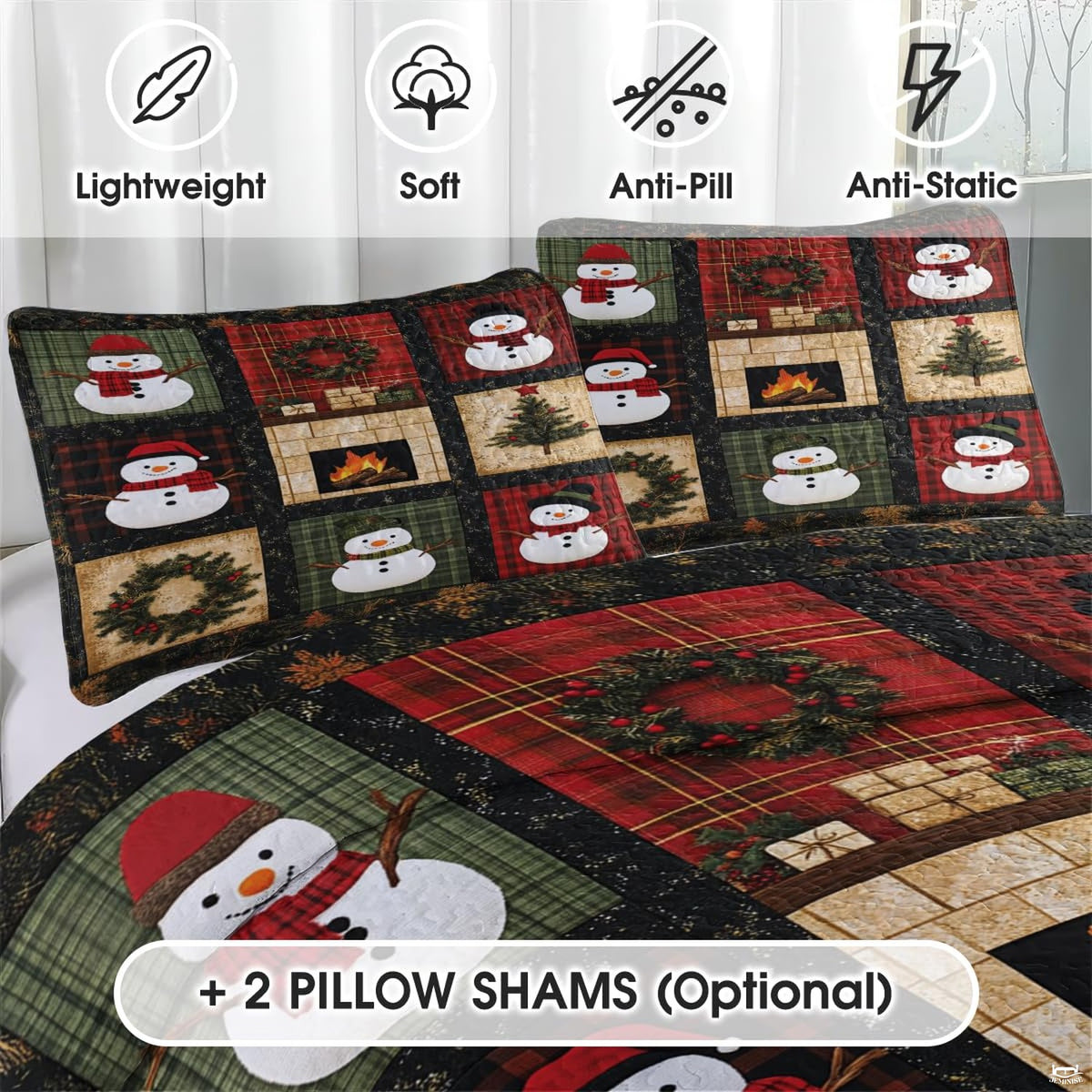 Rustic holiday bedding print with decorated Christmas trees, snowmen, and stacked gifts.
