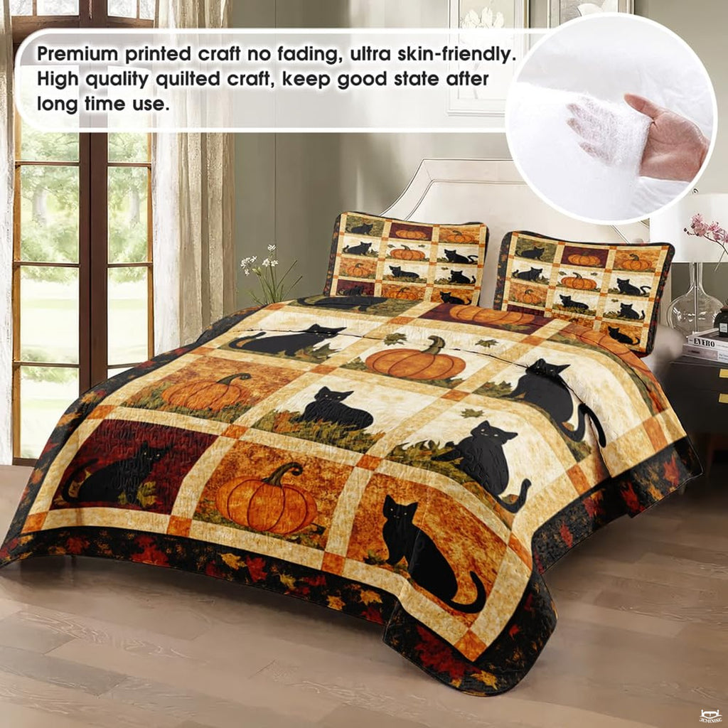 Close-up detail of pumpkin patchwork bedding displaying stylized botanical flora, maple leaves, and terracotta accents.