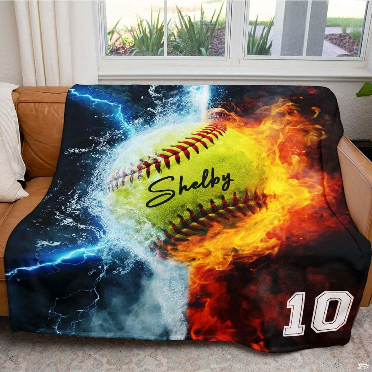 Close view of fire and water split on optic yellow graphic blanket