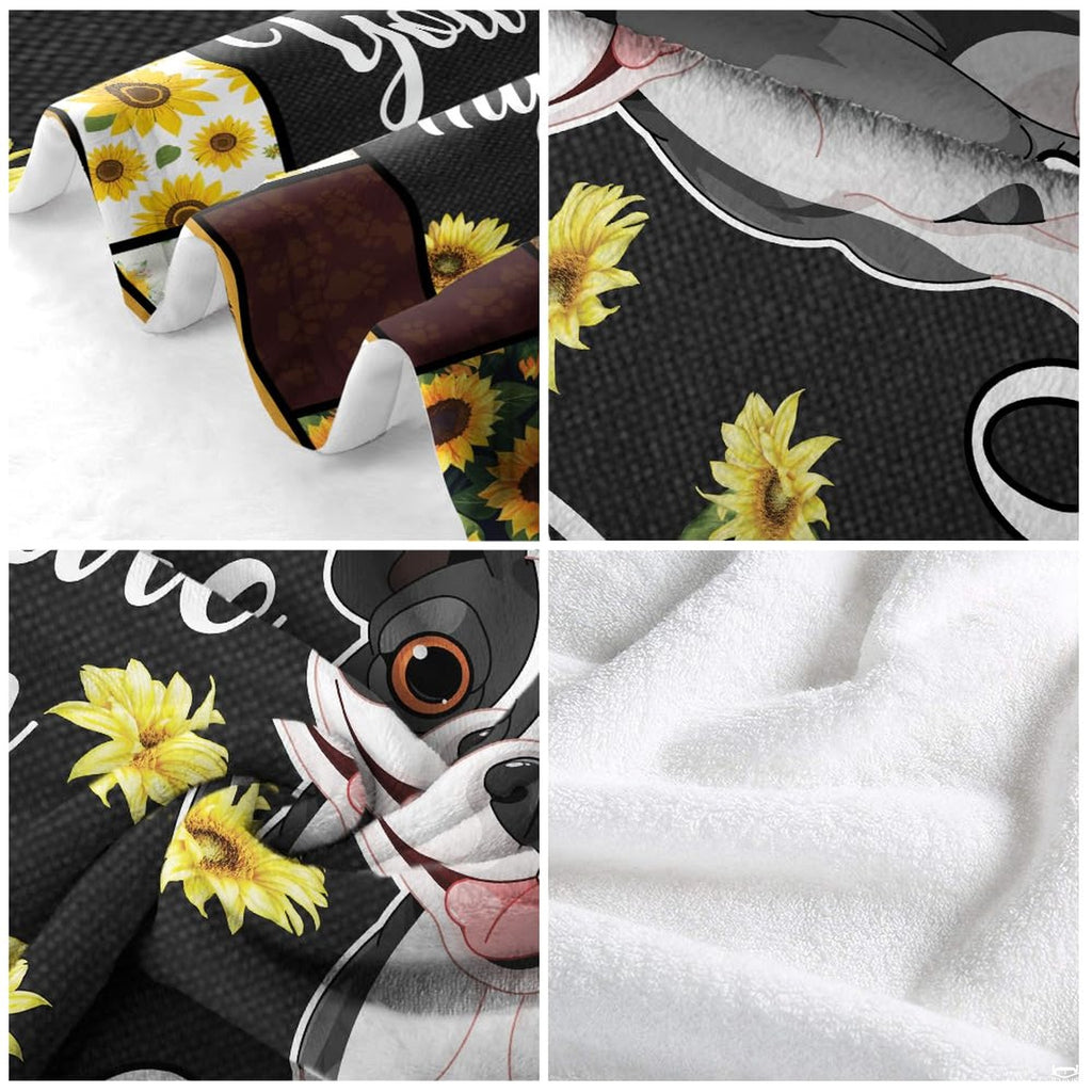 French Bulldog sunflower artwork styled in a bright modern farmhouse bedroom setting.