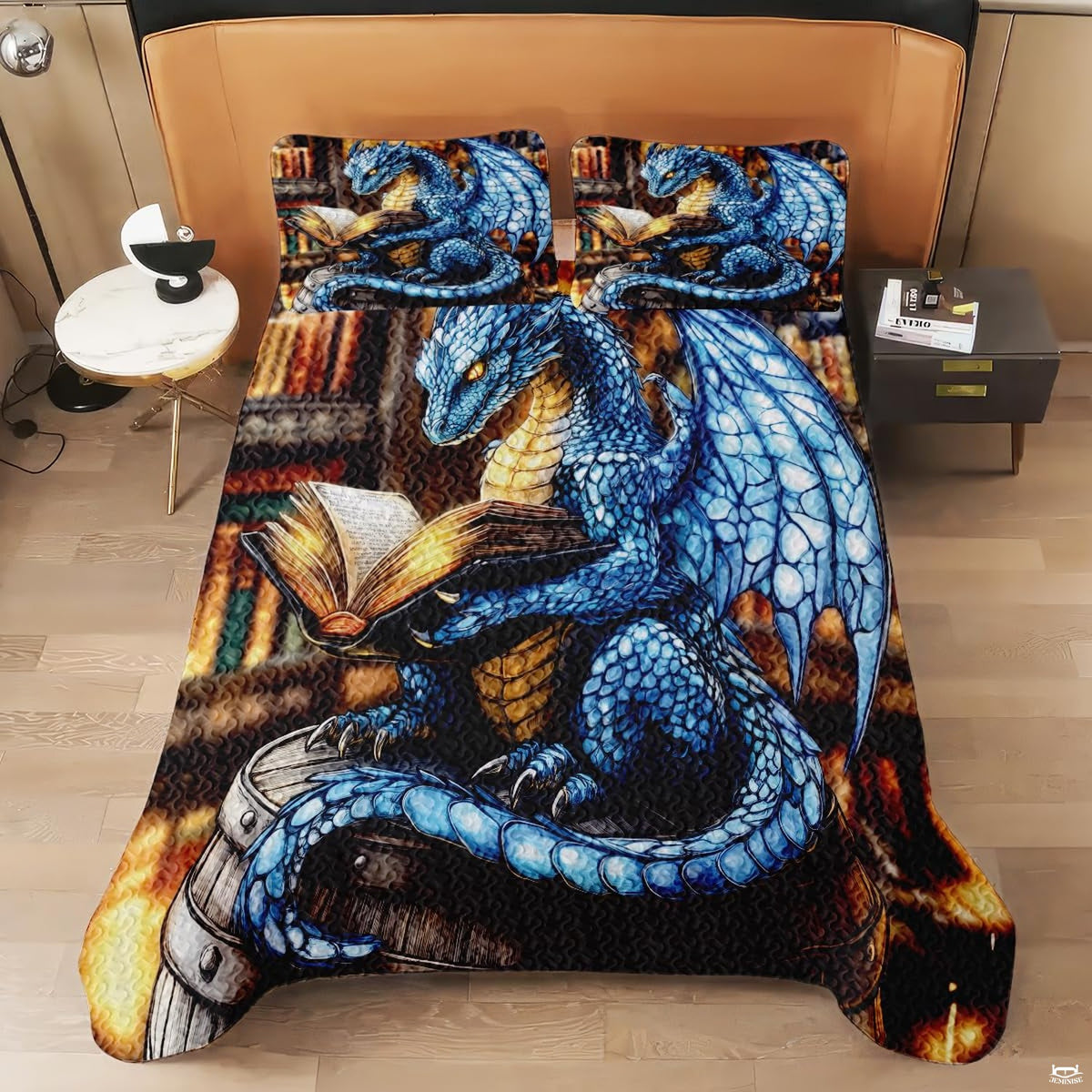 Blue dragon bedding shown on a modern bed
