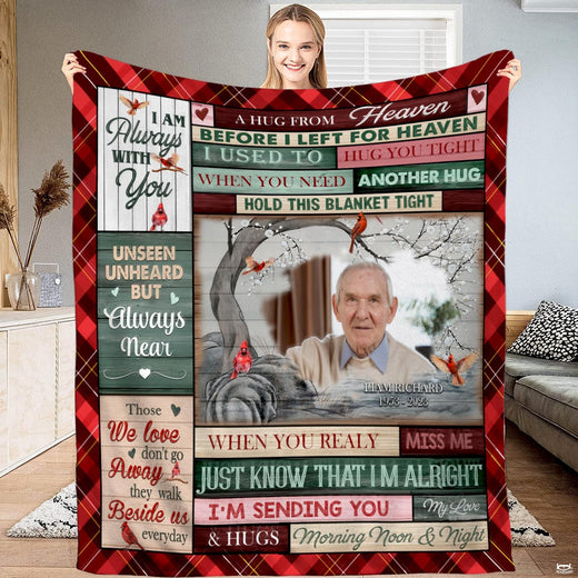 Memorial red cardinal throw blanket featuring heaven remembrance typography, rustic wooden planks, and tartan plaid border