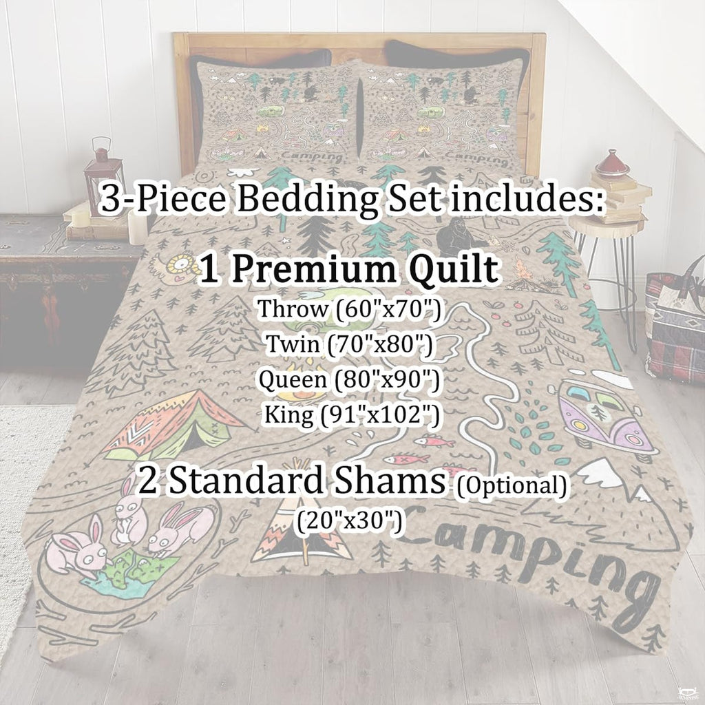 Top-down view of the playful woodland cartography and mountain trails outdoor bedding set