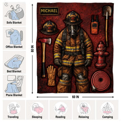Themed bedroom view showcasing firefighter bedding surrounded by classic rescue tools.