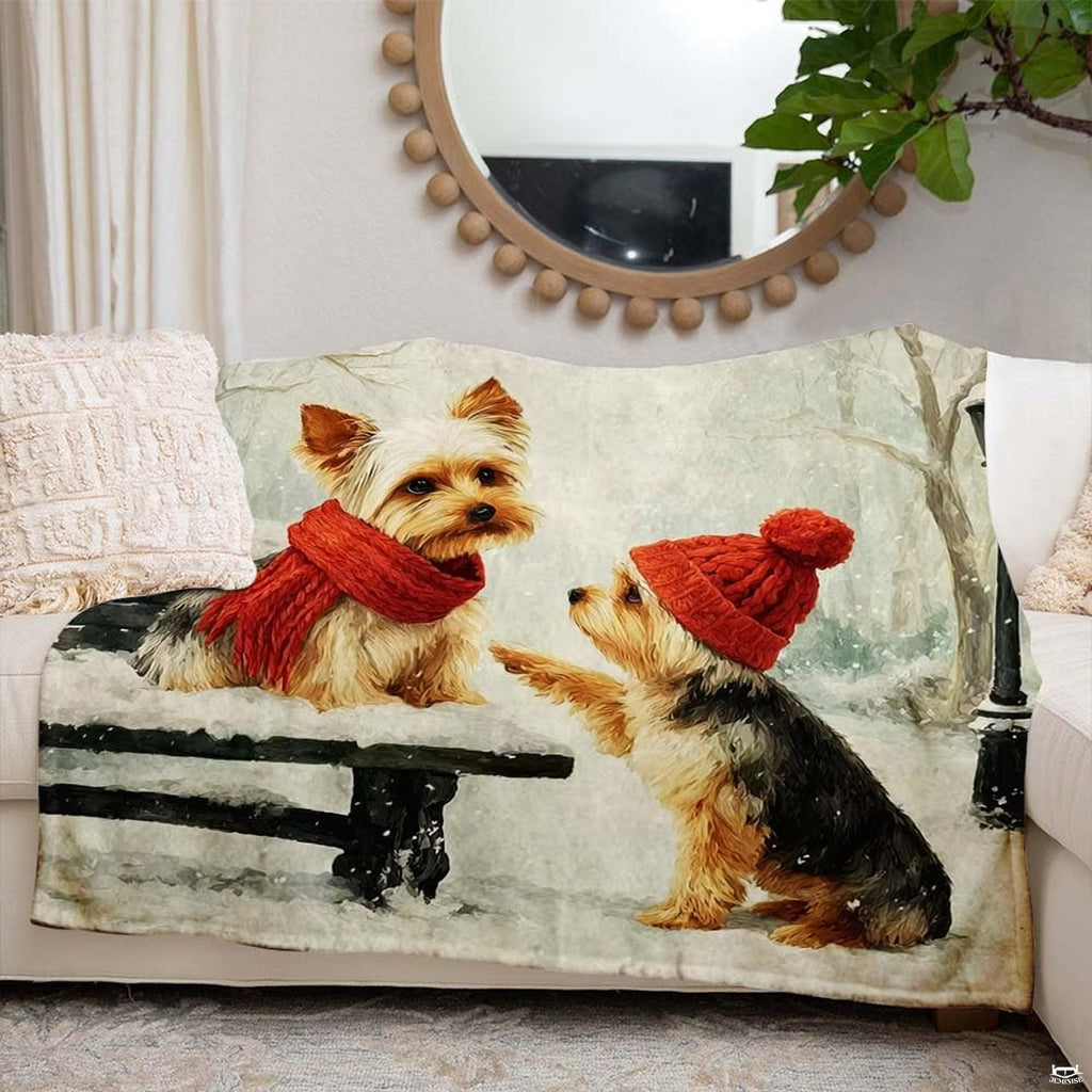 Side angle perspective highlighting sharp print clarity and vibrant red scarf accents of the blanket