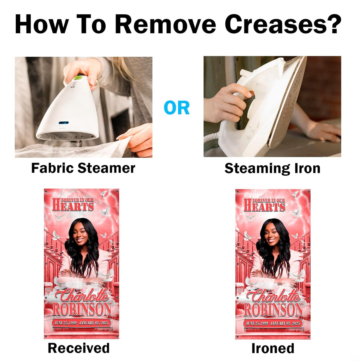 Diagram demonstrating crease smoothing recommendations using steam iron for memorial vinyl mat