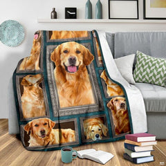 Artistic golden retriever dog gallery display draped over bedroom seating.