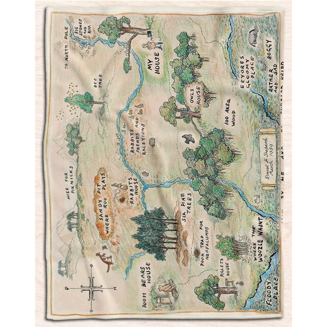 Complete flat lay display showing vintage storybook fantasy map illustration across aged sepia ground.