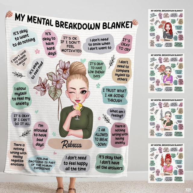 Self-care affirmation throw blanket featuring pastel motivational quote bubbles, purple florals, and an illustrated woman