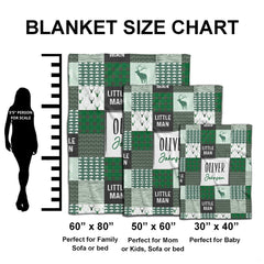 Infographic chart showing green baby blanket proportions alongside female silhouette for scale