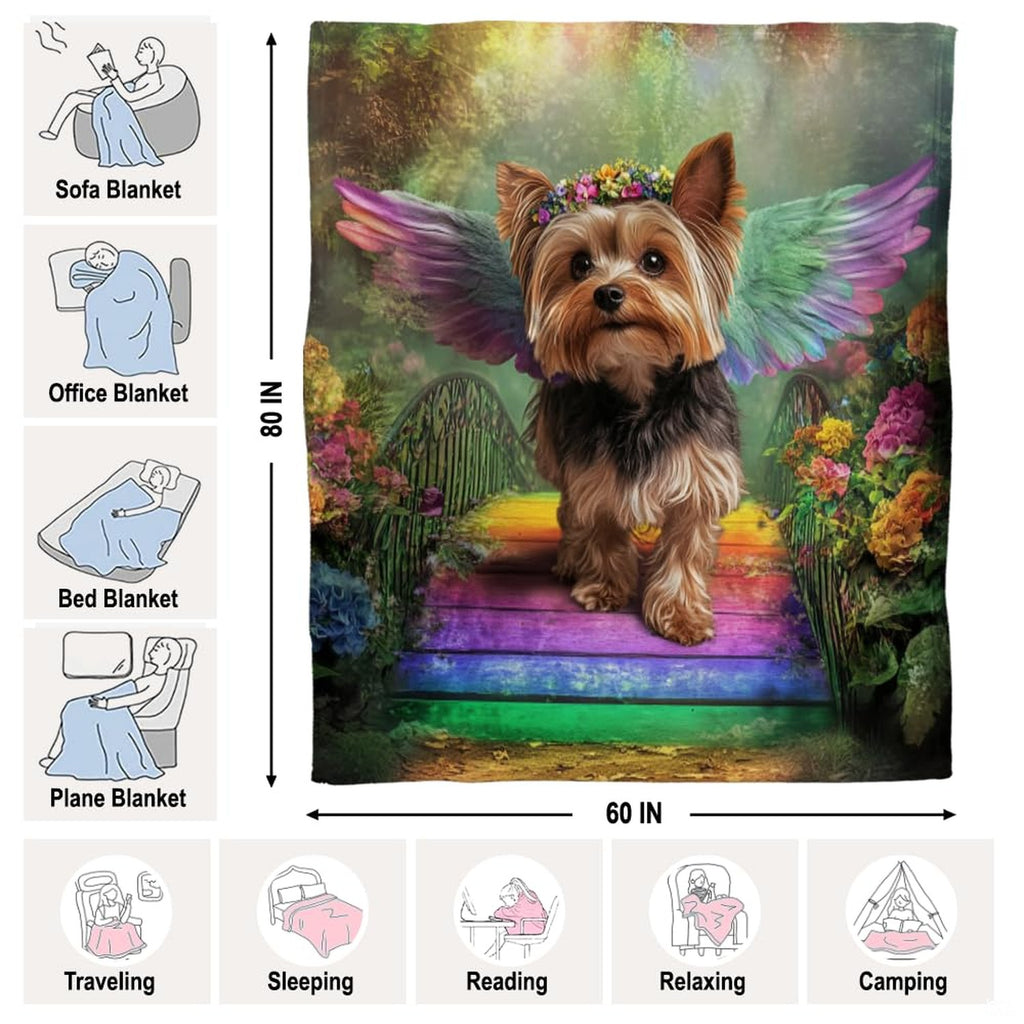 thematic accent view of peaceful Yorkie rainbow bridge bedding artwork framed by lush botanical greens.