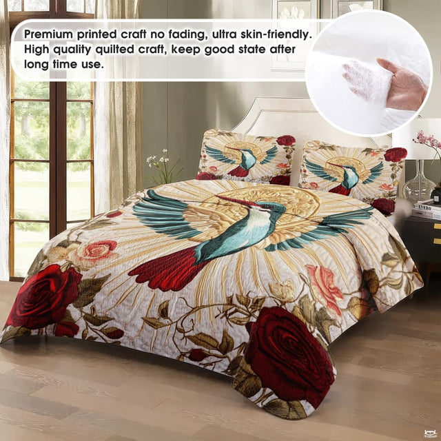 Staged bedroom with sunburst hummingbird and red rose artwork