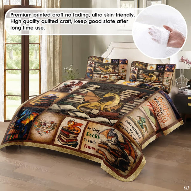 Book dragon bedding in a softly lit bedroom