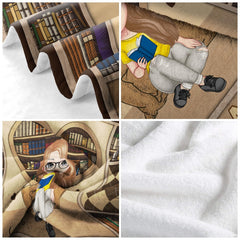 Hairstyle variation options displayed alongside book lover throw blanket artwork.