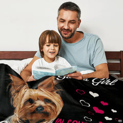 Close-up detail of pup fur brushstrokes, cascading pink hearts, and contrast typography.