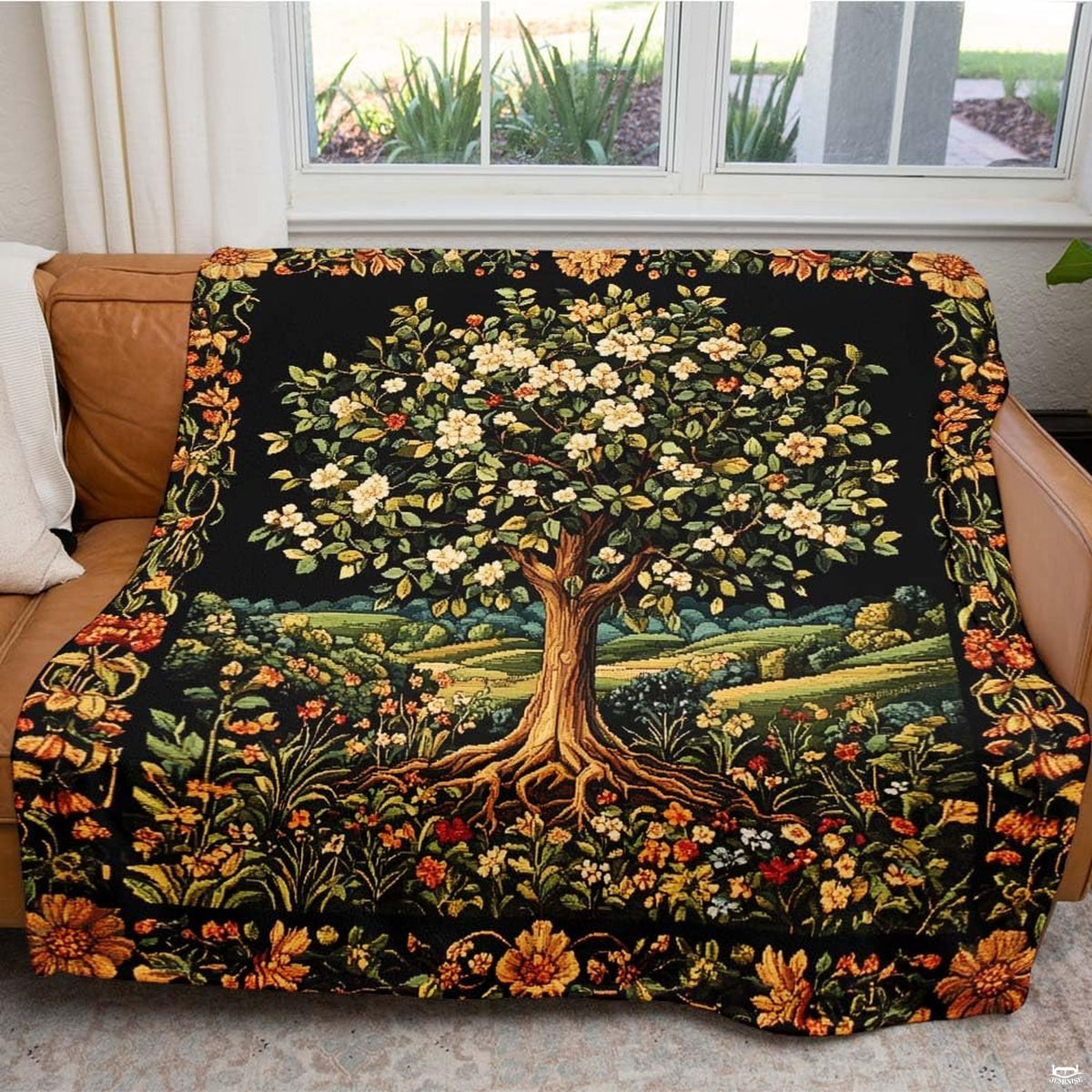 Angle presentation of ornate golden acanthus floral scroll border on Blanket.