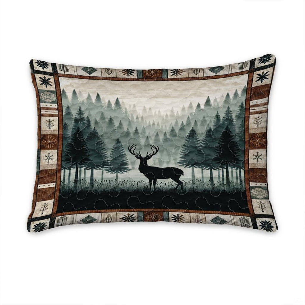 Overhead perspective of woodland stag and pine tree bedding coordinating with rustic room decor.