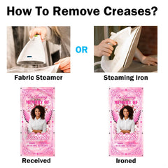 Instructional guide showing crease smoothing technique using household steaming appliance.