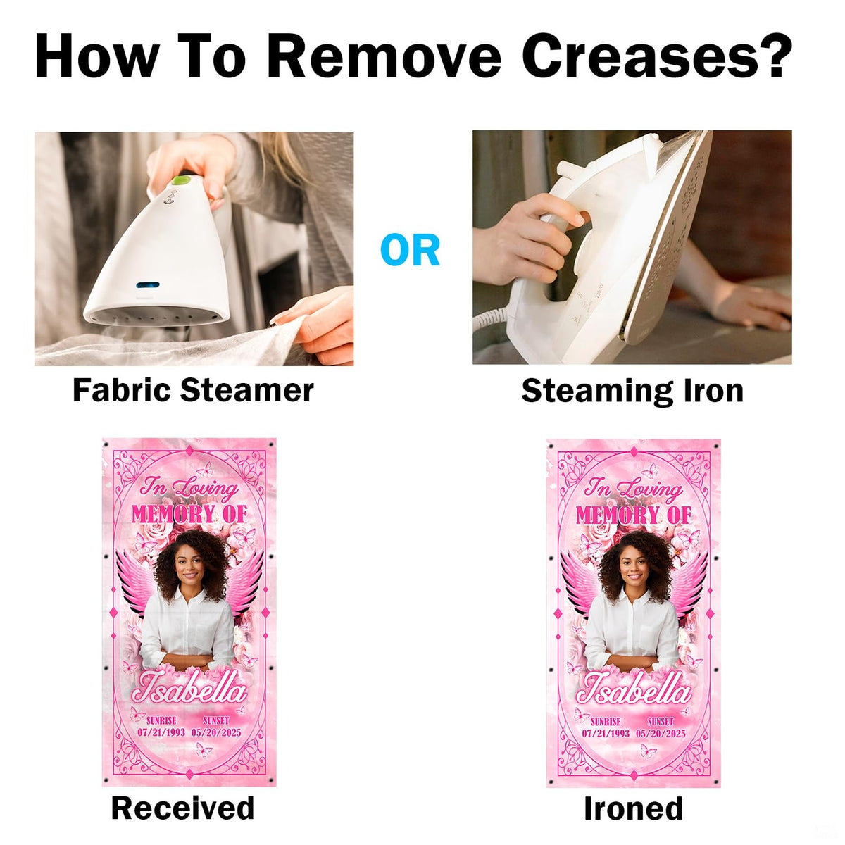 Instructional guide showing crease smoothing technique using household steaming appliance.